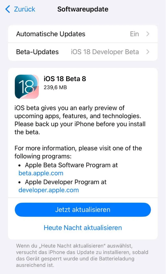 宋洛乡苹果手机维修分享苹果 iOS / iPadOS 18 开发者预览版 Beta 8 发布 